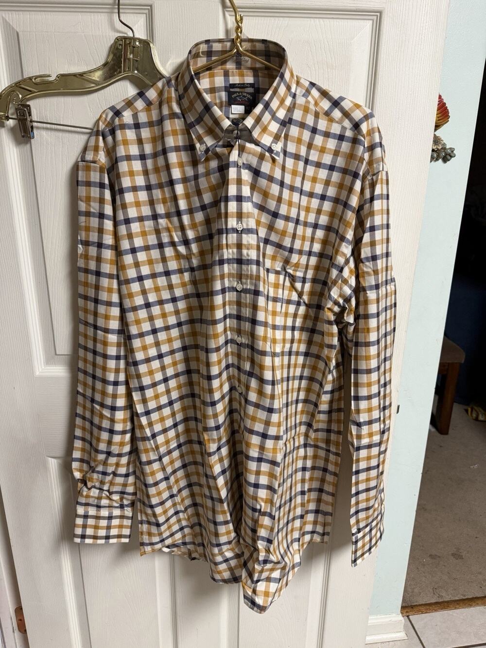 PAUL & SHARK YACHTING Button-Up Shirt Sz XLT Plaid Yellow Blue Check 50x34